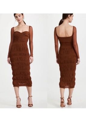Self-Portrait Caramel Shirred Midi Dress